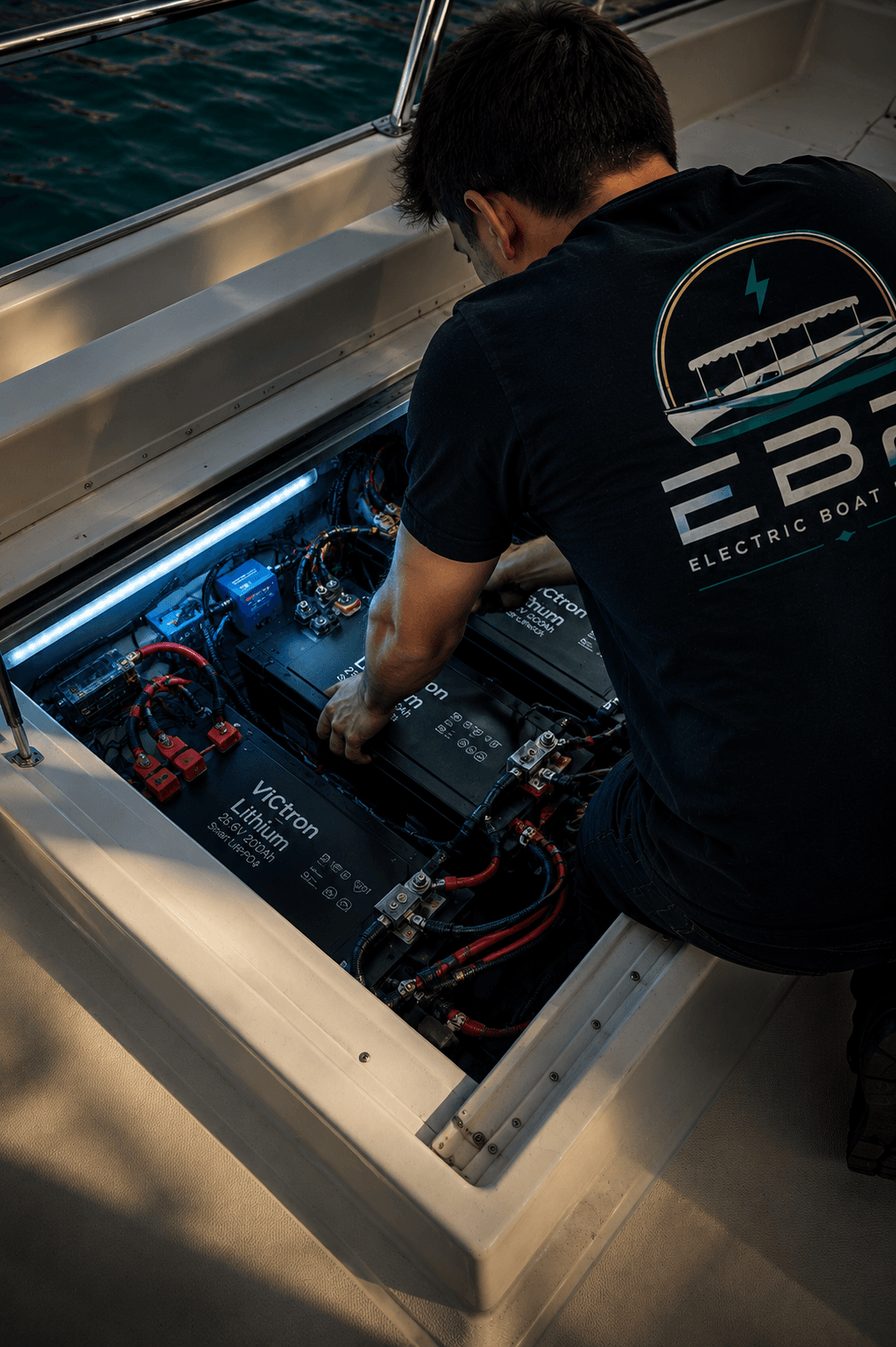 Professional lithium battery upgrade installation on an electric boat